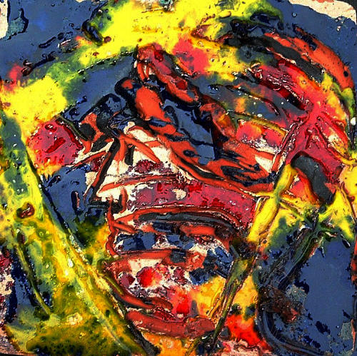 Sulle rive dell’Acheronte — Dante, Virgilio, Caronte. Canto III dell’Inferno: Dante sviene e crolla a terra. Pannello in ceramica smaltata, cm 24 × 24, dove si rappresenta il volto sconvolto del poeta