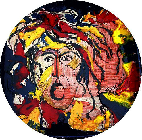 Medusa — Davanti alle mura della città di Dite, canto IX. Dante, Virgilio, Medusa. Piatto in ceramica smaltata