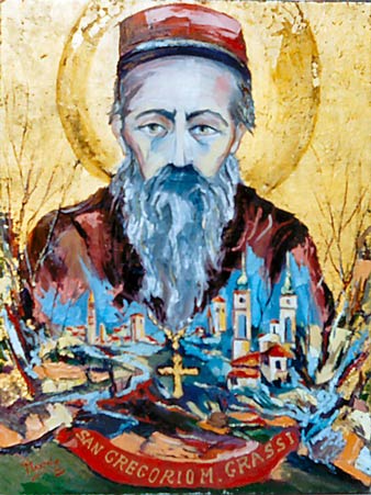 San Gregorio M. Grassi — 2000 — olio su tela in foglia d’oro, cm 80 × 60. Esposta nelle Sale del Vaticano