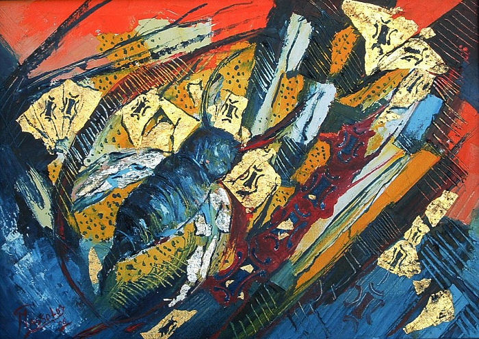 Napoleone e l’ape operosa — Olio, titanio e foglia d’oro su tela, cm 70 × 50. Opera con la quale è stata ottenuta l’ammissione al Premio Nazionale d’Arte «Città di Alba» 2009