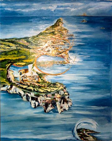La scogliera dei gabbiani — Particolare orientale dell’isola, con uno scorcio del borgo di Capoliveri vicino all’area delle miniere; Porto Azzurro e Rio Marina con l’isola di Palmaiola e l’isolotto di Cerboli. All’orizzonte Piombino; in basso a destra l’Isola del Giglio Campese.