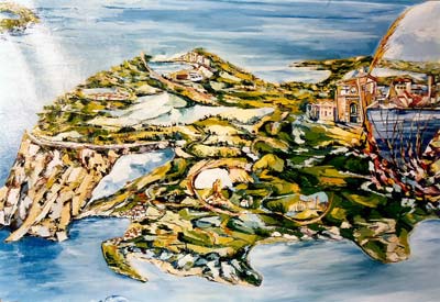 La scogliera del sole — Particolare occidentale: in alto il Monte Capanne, sulla costa il paese di Chiessi; la torre di San Giovanni in Campo (XI secolo), Sant’Ilario in Campo, Il Poggio, Marciana Marina. In alto a destra la casa estiva di Napoleone con la porta della città di Portoferraio.