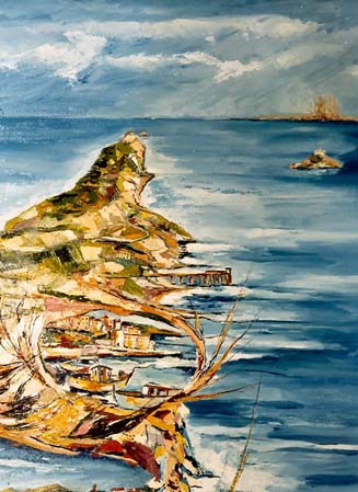 Costa orientale — Rio Marina, centro dell’industria mineraria del ferro; in fondo gli antichi pontili collegati alle miniere, sullo sfondo l’isola di Palmaiola, all’orizzonte Piombino.