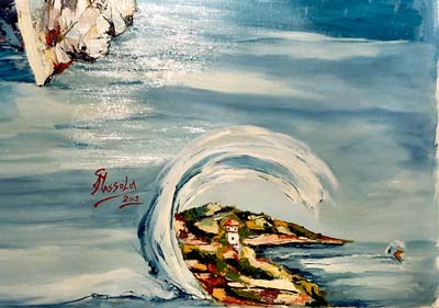 L’Isola del Giglio — In basso a destra l’Isola del Giglio Campese; racchiusa in un’onda di mare, sullo sfondo, l’Isola di Giannutri.