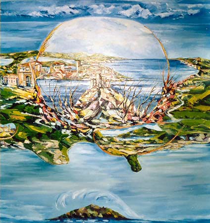 La fortezza — Centro del quadro: sulla vetta i resti della fortezza, in basso l’isola di Montecristo.
