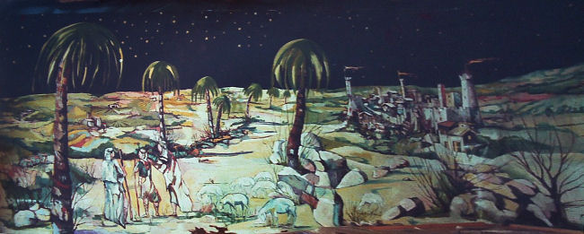 Fondale del presepe — 1990 — dipinto per la Chiesa «La Madonnina» di Acqui Terme e donato al rettore padre Marco Marchesi. Rappresenta alcuni scorci di Acqui Terme con tematiche inerenti alla preparazione del Santo Natale — m 10 × 2,2