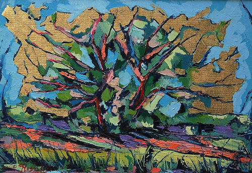 All’ombra di un grande albero — Elba 2004, Monserrato — olio su tela, foglia d’oro — cm 50 × 70