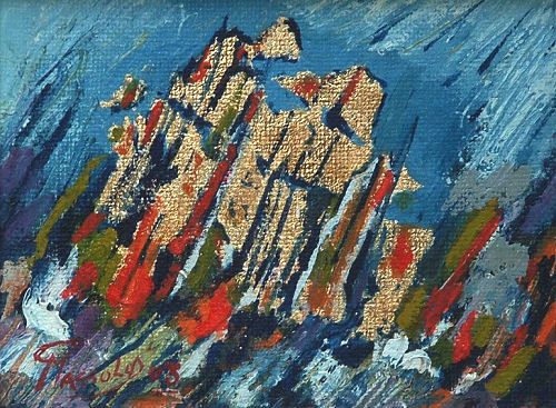 Valle dei Forcioni — «Elbaite policroma, cristalli biterminati» – «quarzo e ortoclasio» — olio su tela, foglia d’oro — cm 18 × 24