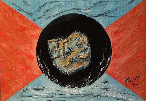 Pirite — Acqua, terra, fuoco, cielo dell’Elba — olio su tela, foglia d’oro — cm 50 × 70