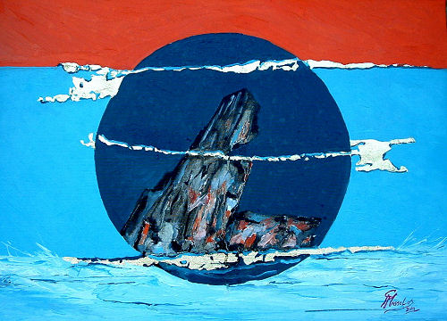 Ilvaite con Ulisse a Riomarina — Sulla spiaggia di Calaseregola — olio su tela, foglia d’oro — cm 50 × 70